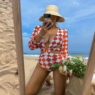 Strappy Knotted Checked Swimsuit Orange - One Size