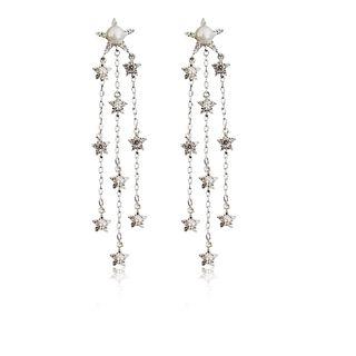 Faux Pearl Rhinestone Star Fringed Earring