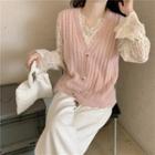 Long-sleeve Lace Top / Single-breasted Knit Vest