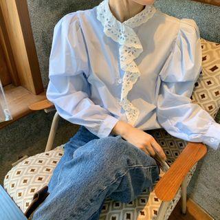 Lacec Ruffled-trim Puff-sleeve Loose Shirt