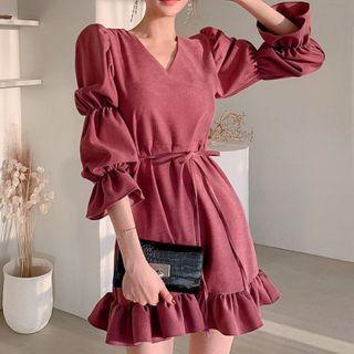 Ruffle Hem Lantern-sleeve Mini A-line Dress