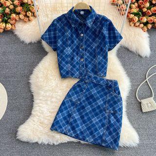 Set: Short-sleeve Plaid Denim Shirt + Mini A-line Skirt