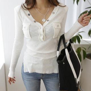 V-neck Pocket-detail Ribbed Top
