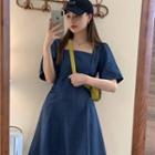 Short-sleeve A-line Denim Dress Dark Blue - One Size
