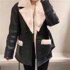 Fluffy Collar Tie-waist Faux Leather Jacket