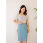 Plus Size - Slit-front H-line Linen Blend Skirt