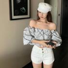 Elbow-sleeve Off-shoulder Lace Crop Top Light Gray - One Size