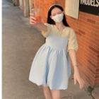 Spaghetti Strap Mini A-line Dress / Puff-sleeve Blouse