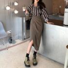 Long Sleeve Striped Shirt / Asymmetrical Slim-cut Midi Skirt