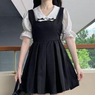 Puff-sleeve Bow Blouse / Mini A-line Overall Dress