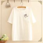 Pocket-front Cat Embroidered Short-sleeve Top