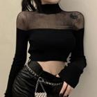 High Neck Mesh Panel Crop Knit Top Black - One Size