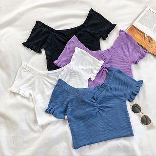 Plain V-neck Frilled Ruffled-trim Short-sleeve Knit Top