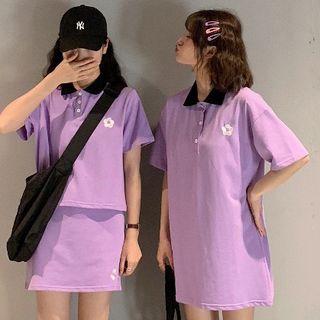 Flower Embroidered Short-sleeve Polo Shirt / Polo Dress / Mini Skirt / Set