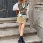Set: Patterned Sweater Vest + Puff-sleeve Blouse + Mini Skirt