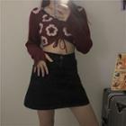 Long-sleeve Drawstring Floral Cropped Knit Sweater Wine Red - One Size