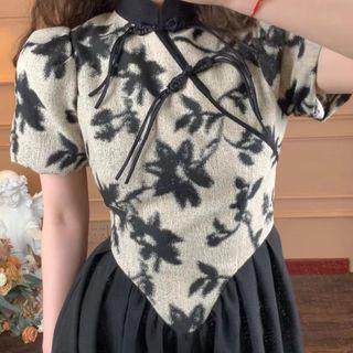 Short-sleeve Print Panel Midi A-line Qipao Dress