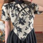 Short-sleeve Print Panel Midi A-line Qipao Dress