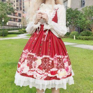 Frilled Trim Blouse / Printed Spaghetti Strap A-line Skirt / Mesh A-line Skirt