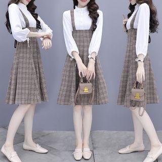 Set: Mock-neck Blouse + Plaid A-line Overall Dress