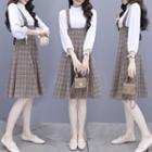 Set: Mock-neck Blouse + Plaid A-line Overall Dress