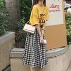 Set: Lettering Short-sleeve T-shirt + Plaid Midi A-line Skirt