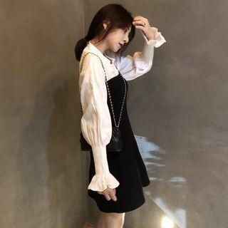 Set: Lantern-sleeve Shirt + Strapless Mini A-line Pinafore Dress