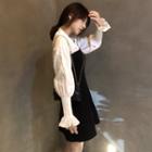 Set: Lantern-sleeve Shirt + Strapless Mini A-line Pinafore Dress