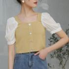 Short-sleeve Color Block Top Premium Edition - Yellow - One Size