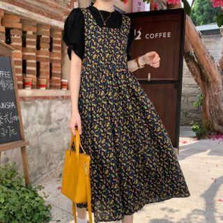 Short-sleeve Plain T-shirt / Cherry Print Midi Overall Dress