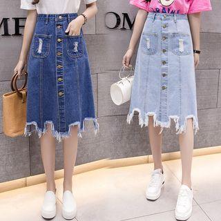 Midi Fringed Buttoned A-line Denim Skirt