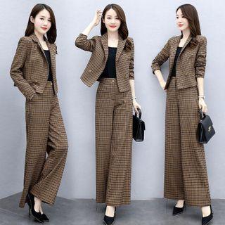 Set : Plaid Blazer + Plaid Wide-leg Pants