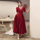 Puff-sleeve V-neck A-line Evening Gown