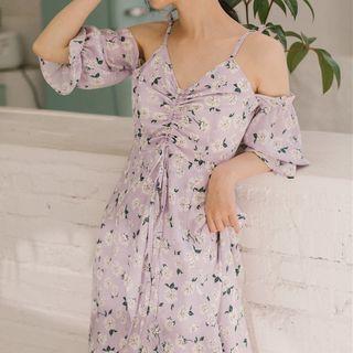 Elbow-sleeve Cold Shoulder Floral Maxi Chiffon Dress
