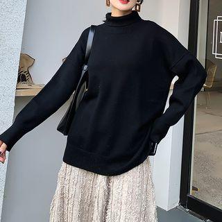 Set: Turtleneck Sweater + Fringed Midi A-line Knit Skirt