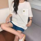 Elbow-sleeve Pocket-detail Embroidered T-shirt