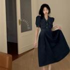 Short-sleeve Denim Midi Shirt Dress Dark Blue - One Size