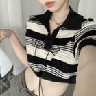 Striped Lace-up Cropped Polo Shirt