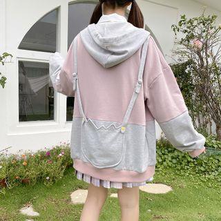 Two-tone Zip-up Hoodie / Pleated Mini A-line Skirt / Shirt / Ribbon Bow Tie / Set