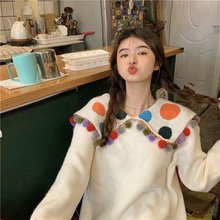 Wide-collar Dotted Pom Pom Sweater