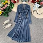 Long-sleeve Crinkled Velvet A-line Midi Dress
