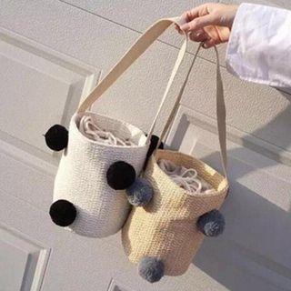 Pom Pom Bucket Straw Handbag