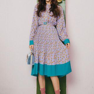 Floral Print Accordion Long-sleeve Dress