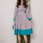 Floral Print Accordion Long-sleeve Dress