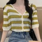 Short-sleeve Striped Perforated Knit Top
