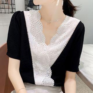 Short-sleeve Eyelet Panel Chiffon Top