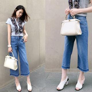 Fringe-hem Washed Wide-leg Jeans