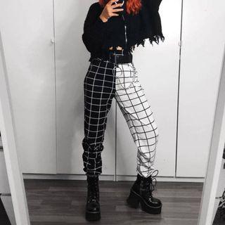 Two-tone Check Straight Leg Pants