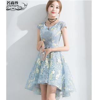 Cap-sleeve Mesh Panel Midi Cocktail Dress