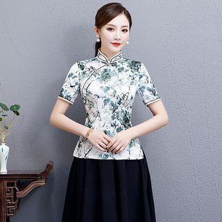 Printed Short-sleeve Hanfu Top / Midi A-line Skirt / Set